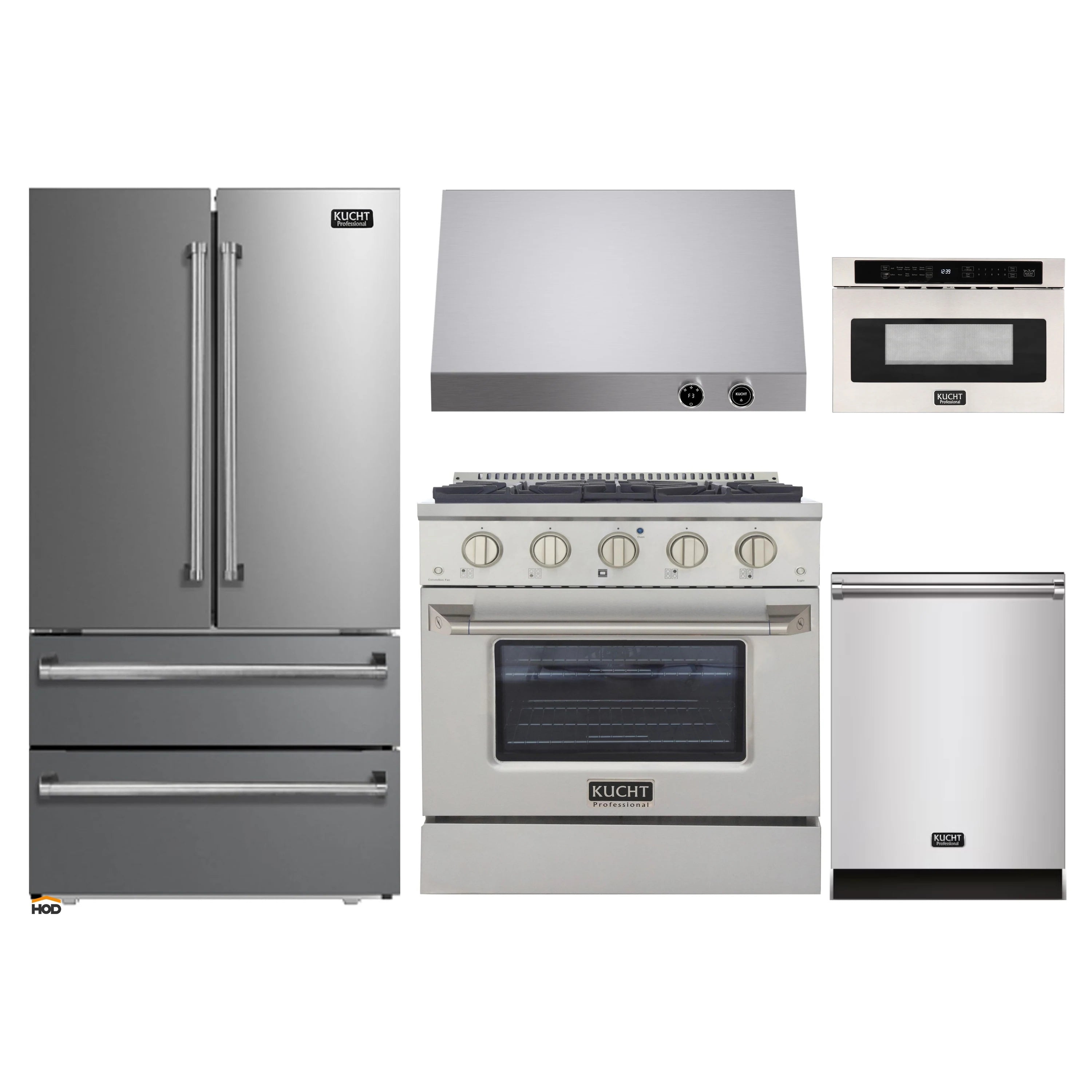 Stainless steel appliance package: refrigerator, range oven, and dishwasher