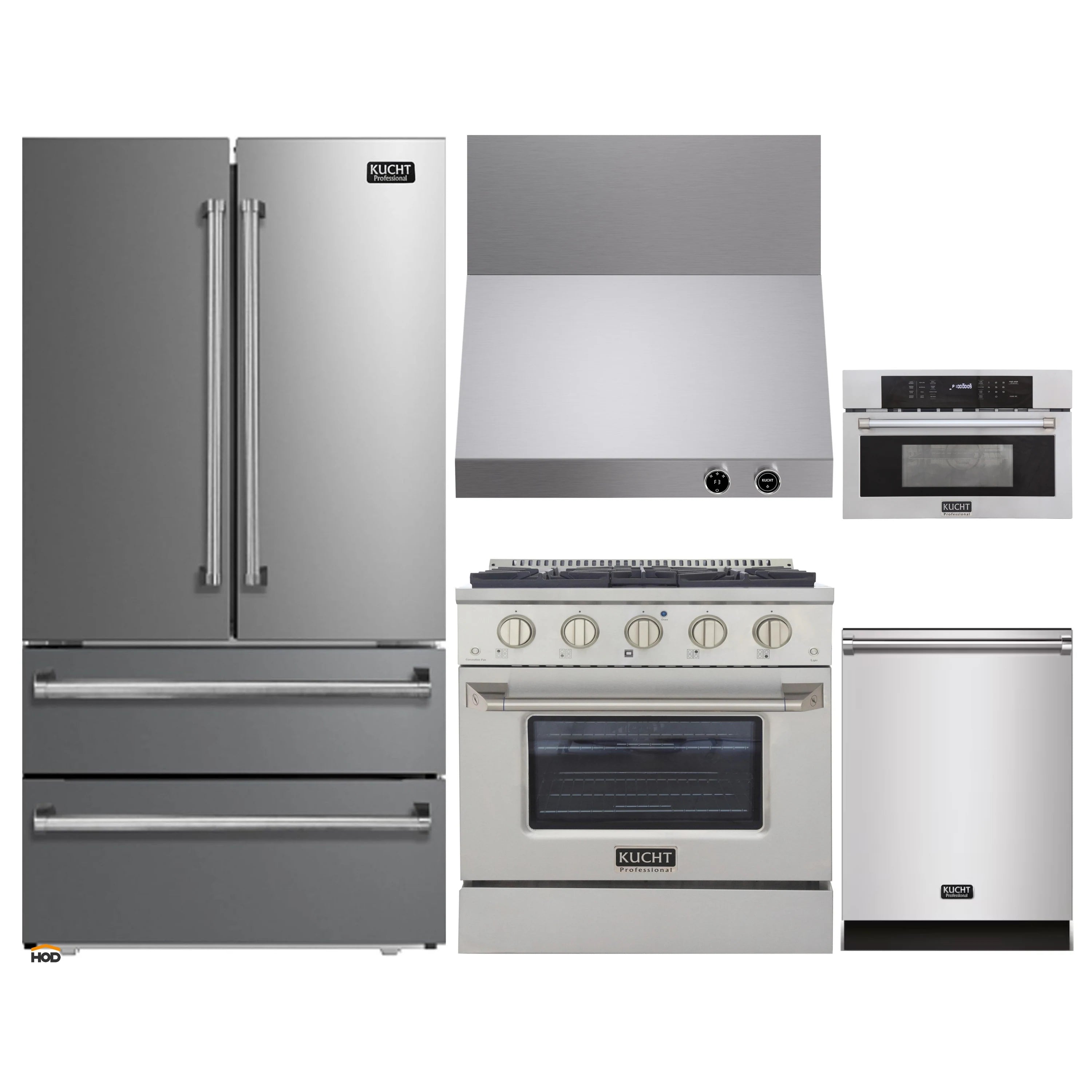 Stainless steel appliance package with refrigerator, gas range, wall hood, and wall oven