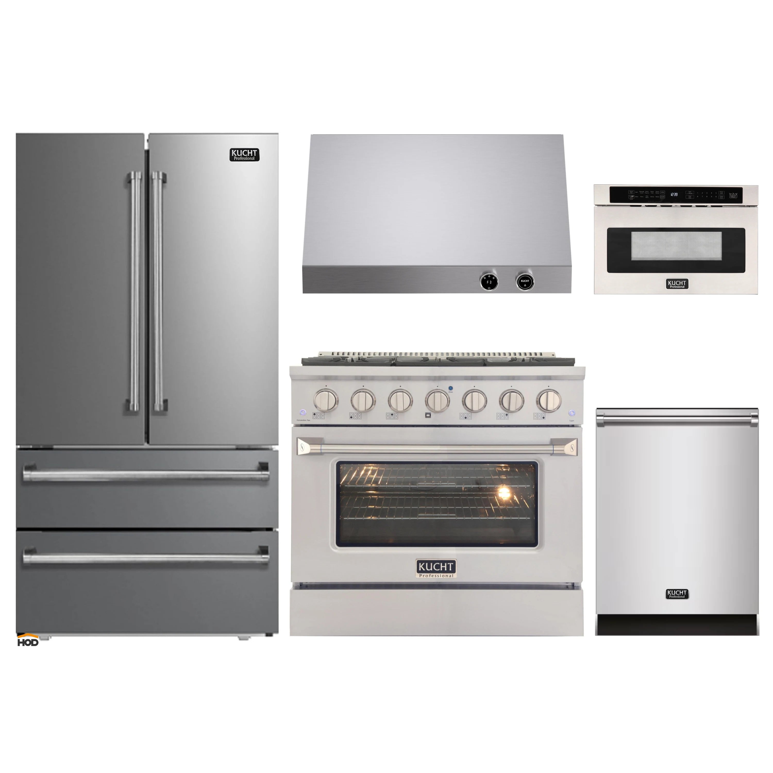 Kucht stainless steel 5-piece appliance package with range, refrigerator, dishwasher