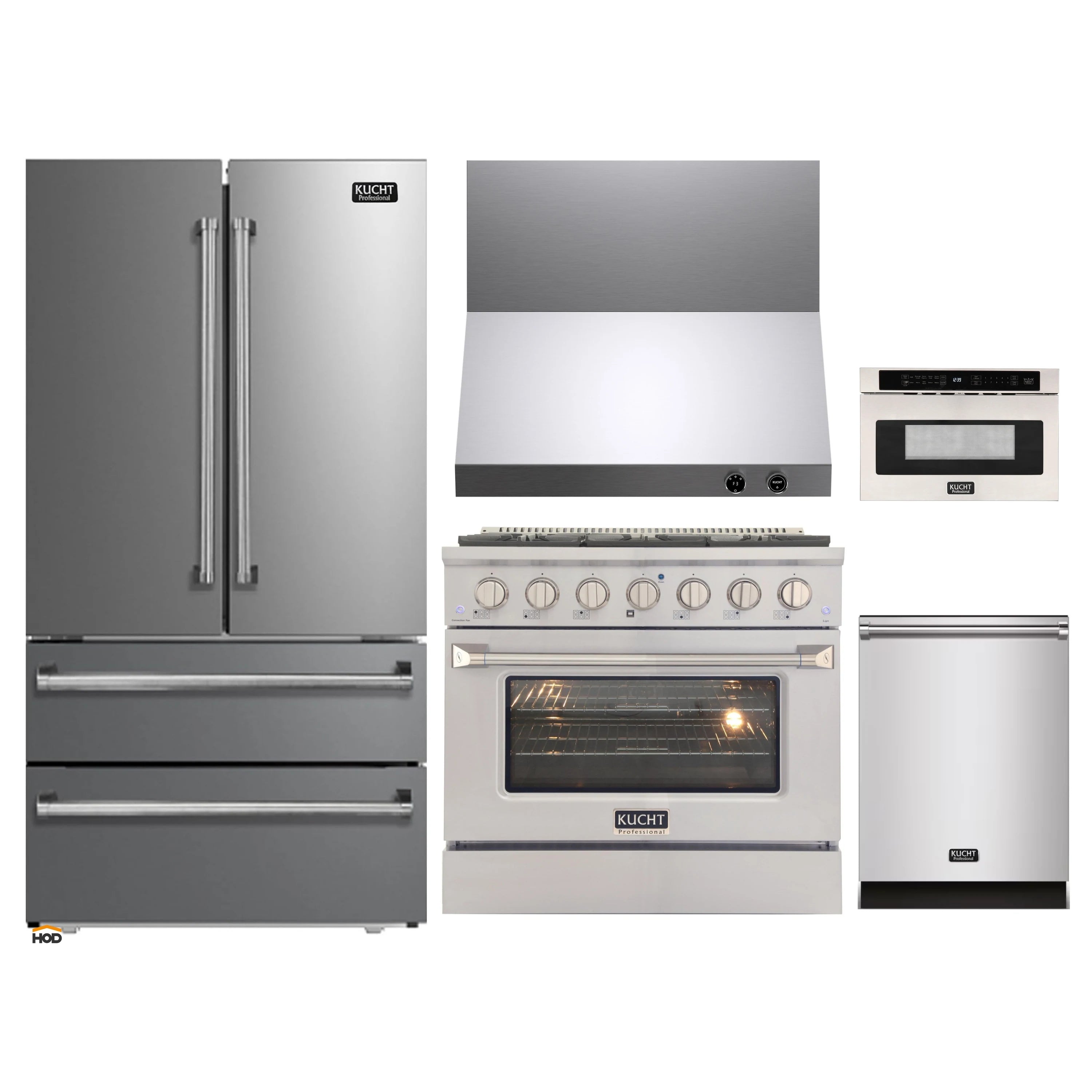 Stainless steel appliance package with refrigerator, oven range, hood, and microwave