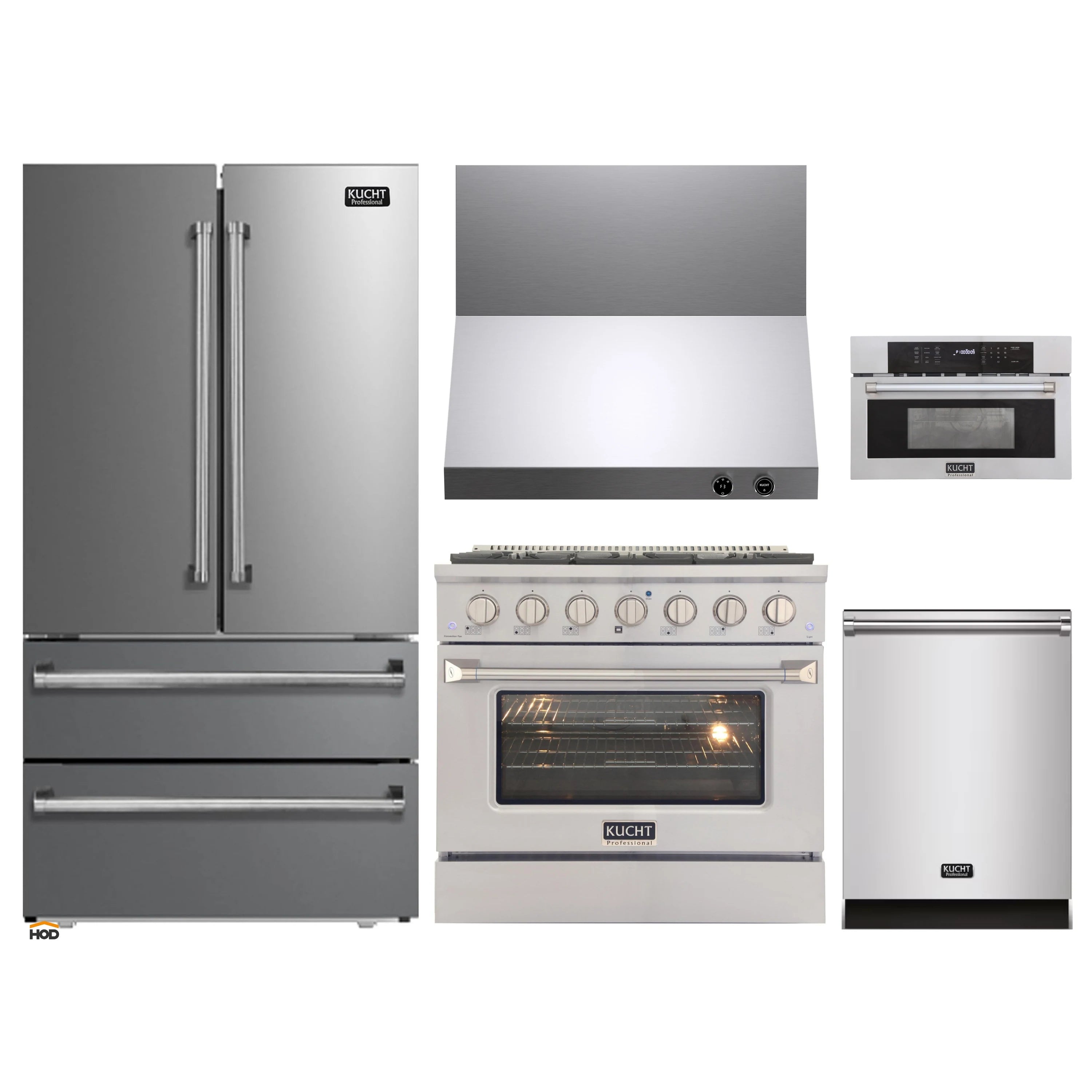 Stainless steel appliance set with refrigerator, gas range, wall hood, and oven