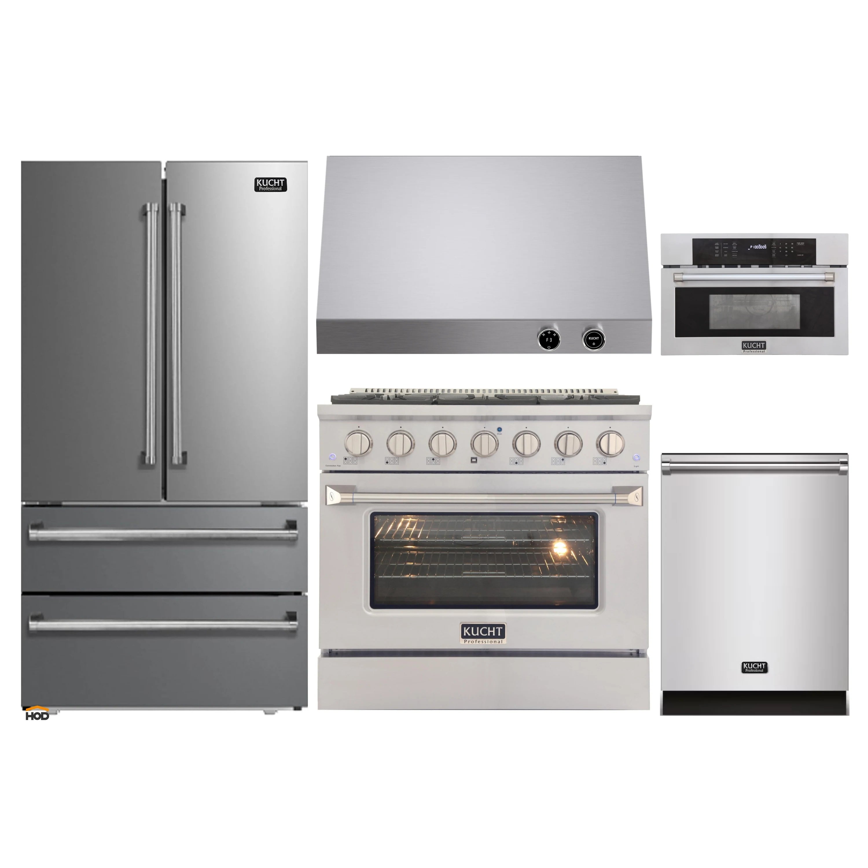 Stainless appliance package lineup: refrigerator, range, oven, microwave and dishwasher