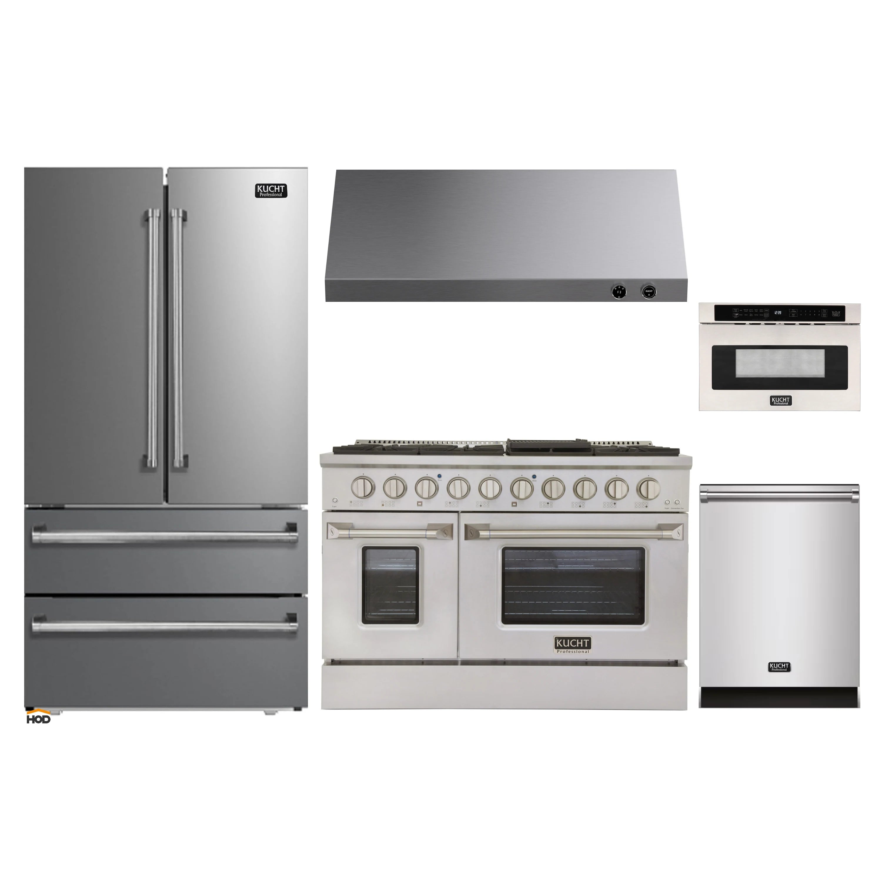Stainless steel appliance set featuring refrigerator, gas range, microwave drawer, and hood