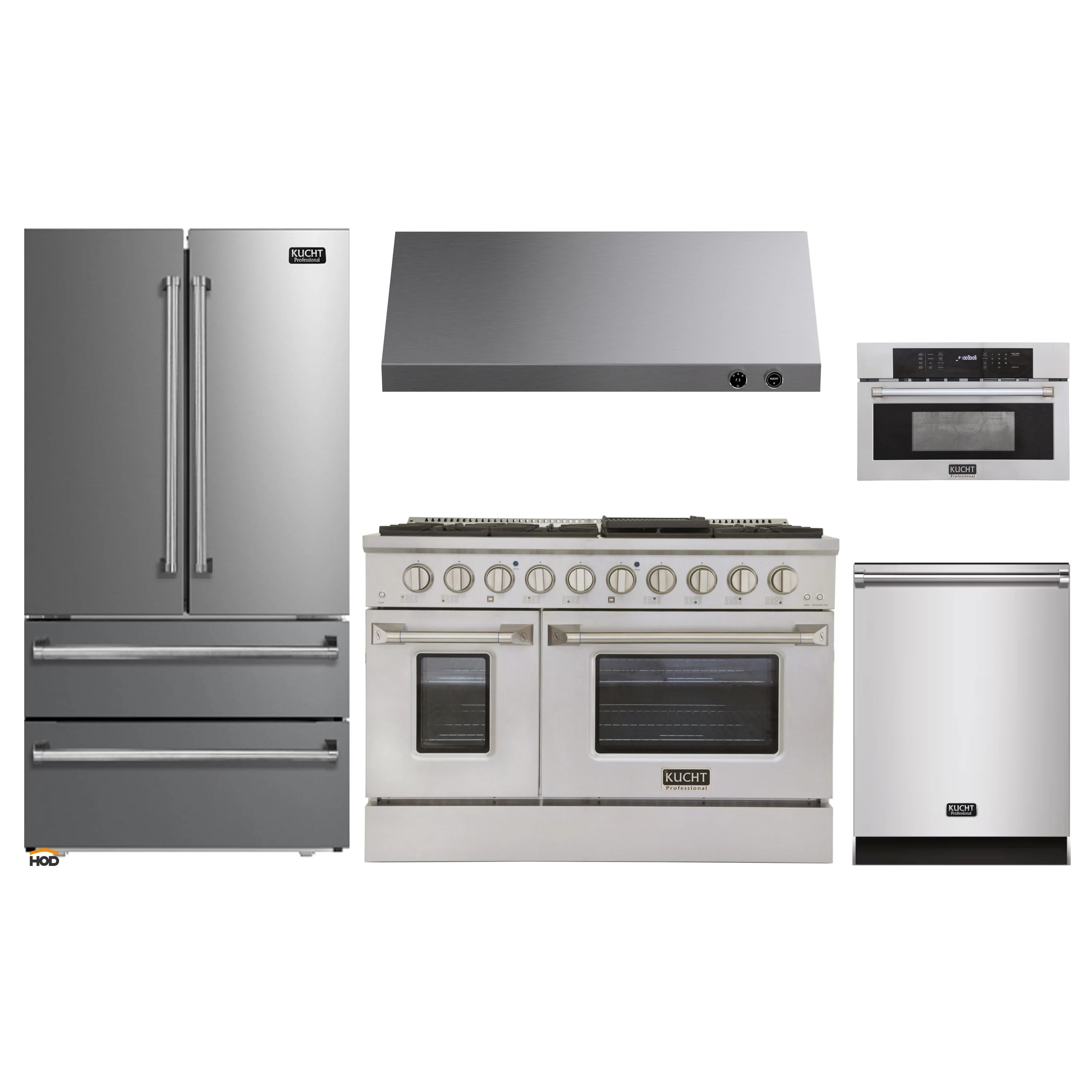 Stainless steel appliance package: refrigerator, range, and wall oven set