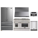 Kucht 5-Piece Appliance Package - 48-Inch Natural Gas Range with 6.7 Cu. Ft. Oven, 36-Inch Refrigerator, Dishwasher, Wall Mount Range Hood, & Microwave Wall Oven in Stainless Steel
