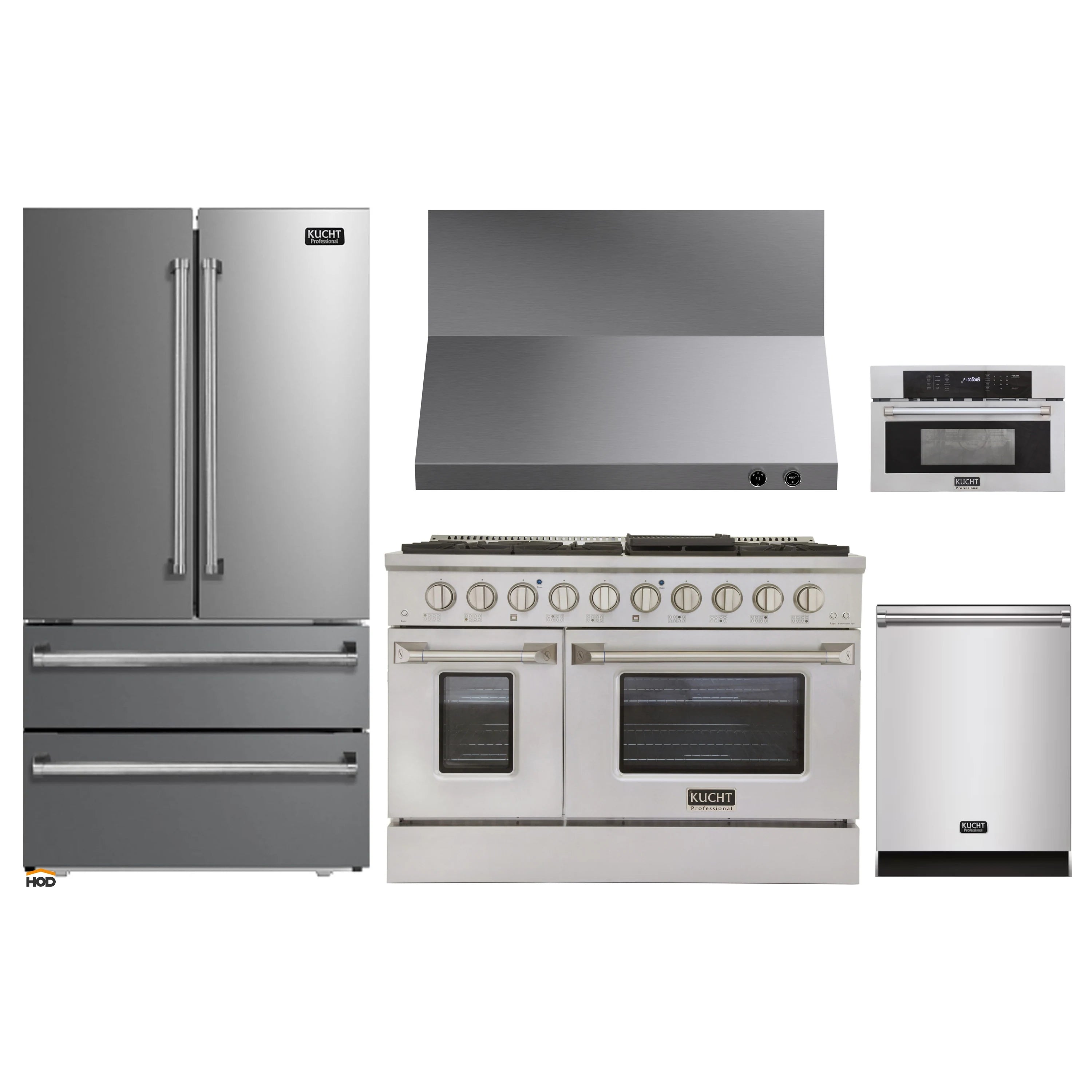 Stainless steel 5-piece Kucht appliance package: refrigerator, range, range hood, dishwasher