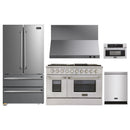 Kucht 5-Piece Appliance Package - 48-Inch Propane Gas Range with 6.7 Cu. Ft. Oven, 36-Inch Refrigerator, Dishwasher, Wall Mount Range Hood, & Microwave Wall Oven in Stainless Steel