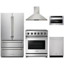 Thor Kitchen 5-Piece Appliance Package - 30-Inch Propane Gas Range, French Door Refrigerator, Wall Mount Hood, Dishwasher, and Microwave Drawer in Stainless Steel