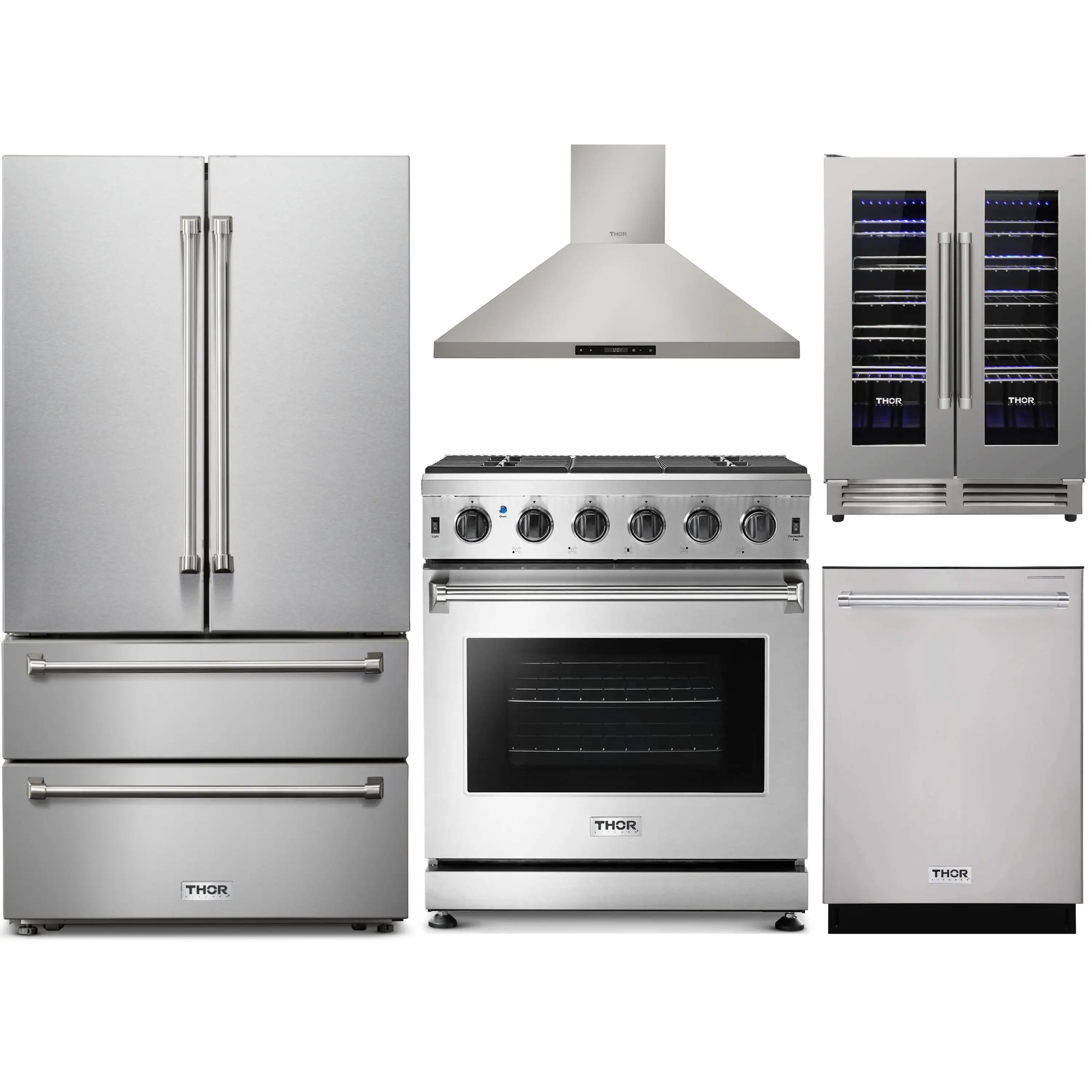 Stainless appliance package: refrigerator, gas range, hood, dishwasher, and wine cooler