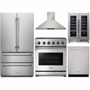 Thor Kitchen 5-Piece Appliance Package - 30-Inch Propane Gas Range, French Door Refrigerator, Wall Mount Hood, Dishwasher, and Wine Cooler in Stainless Steel