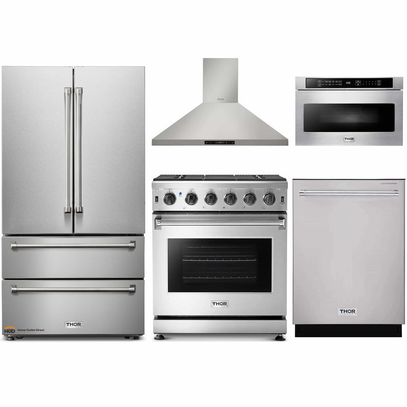 Thor Kitchen 5-Piece Appliance Package - 30-Inch Propane Gas Range, French Door Refrigerator, Wall Mount Hood, Dishwasher, and Microwave Drawer in Stainless Steel