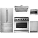 Thor Kitchen 5-Piece Appliance Package - 36-Inch Propane Gas Range, French Door Refrigerator, Under Cabinet Hood, Dishwasher, and Microwave Drawer in Stainless Steel