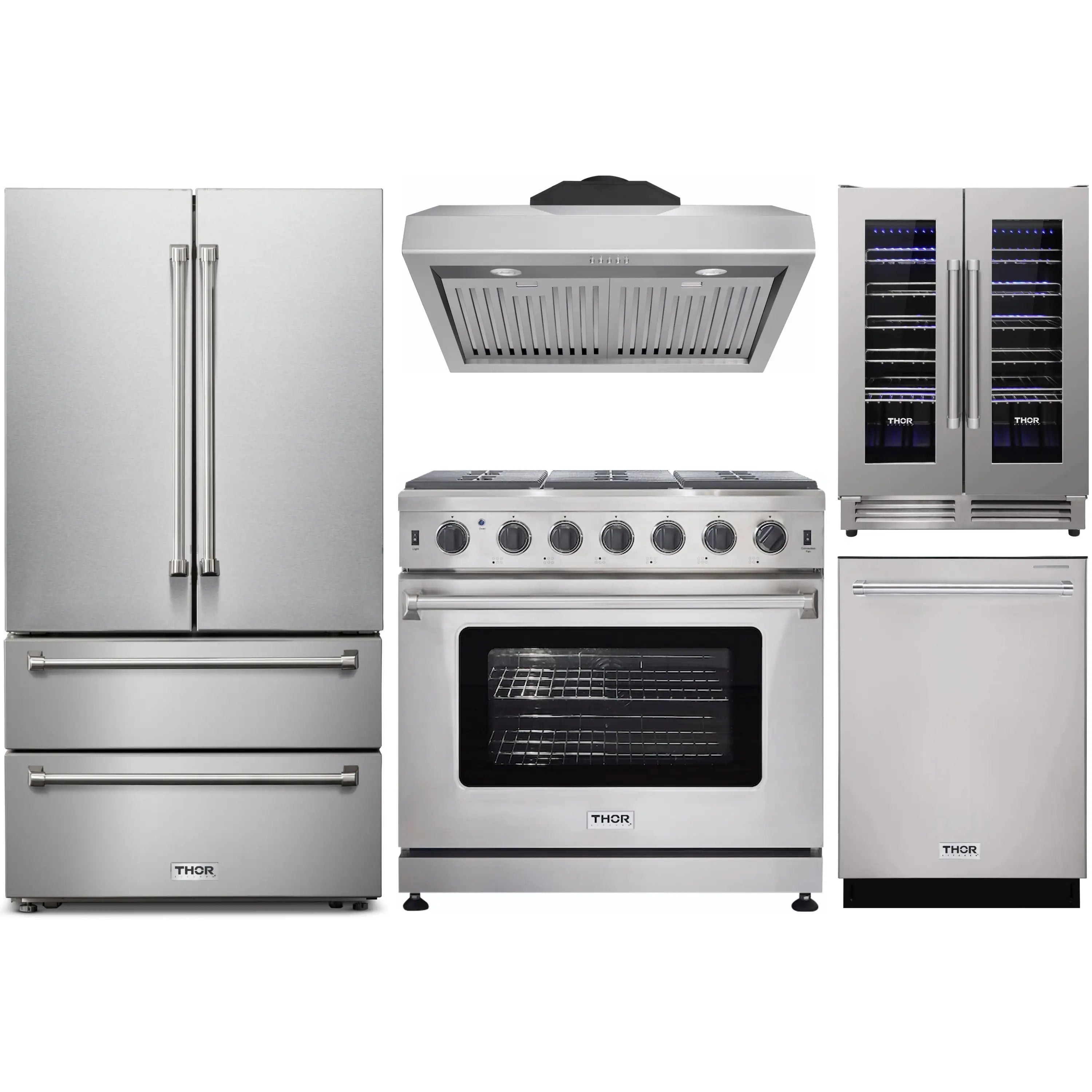 Thor stainless steel appliance package: French door fridge, gas range, hood, dishwasher, wine cooler