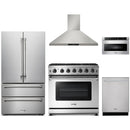 Thor Kitchen 5-Piece Appliance Package - 36-Inch Propane Gas Range, French Door Refrigerator, Wall Mount Hood, Dishwasher, and Microwave Drawer in Stainless Steel