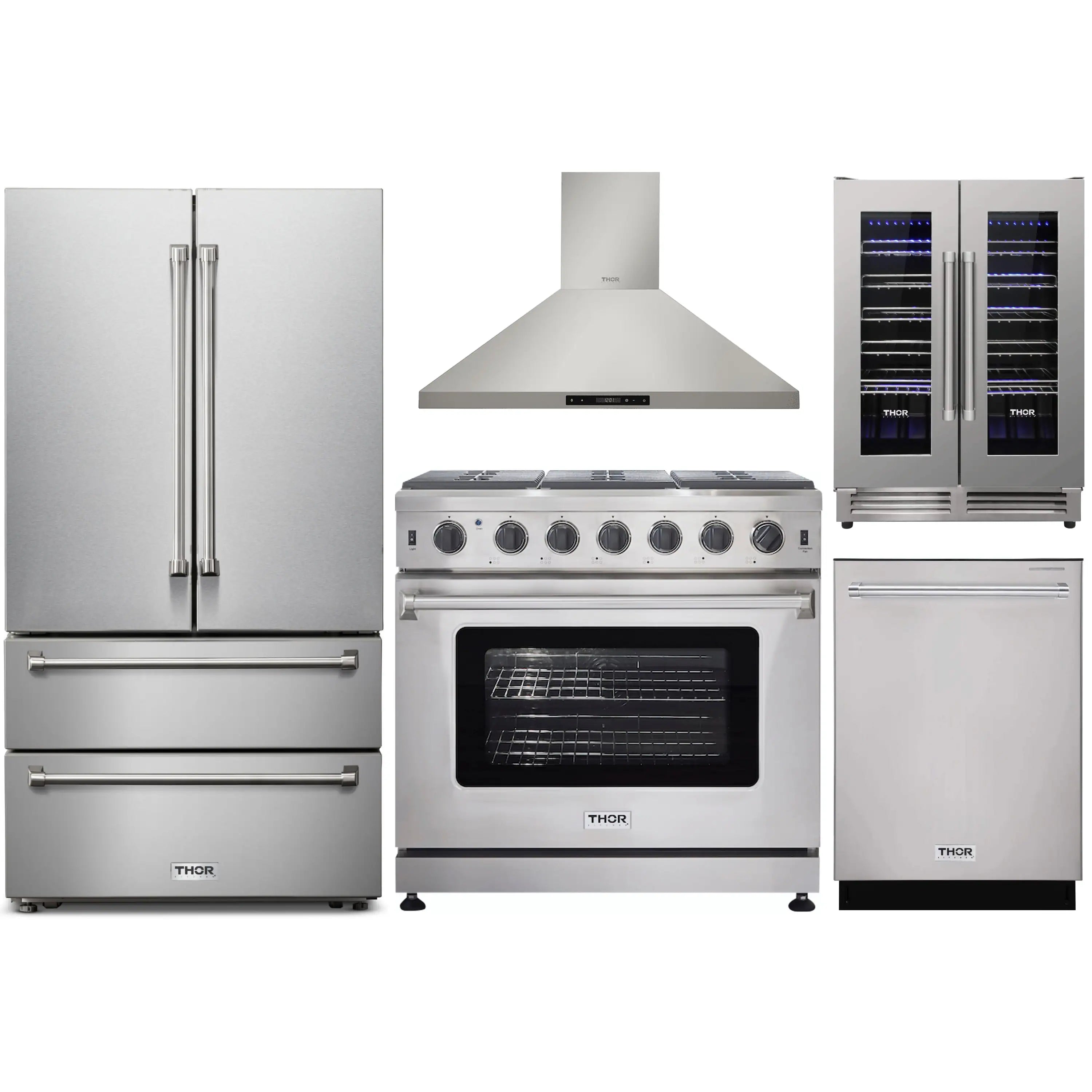 Stainless steel 5-piece kitchen appliance set with range, hood, refrigerator, and cooler