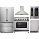 Thor Kitchen 5-Piece Appliance Package - 36-Inch Propane Gas Range, French Door Refrigerator, Wall Mount Hood, Dishwasher, and Wine Cooler in Stainless Steel