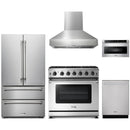 Thor Kitchen 5-Piece Appliance Package - 36-Inch Propane Gas Range, French Door Refrigerator, Pro-Style Wall Mount Hood, Dishwasher, and Microwave Drawer in Stainless Steel