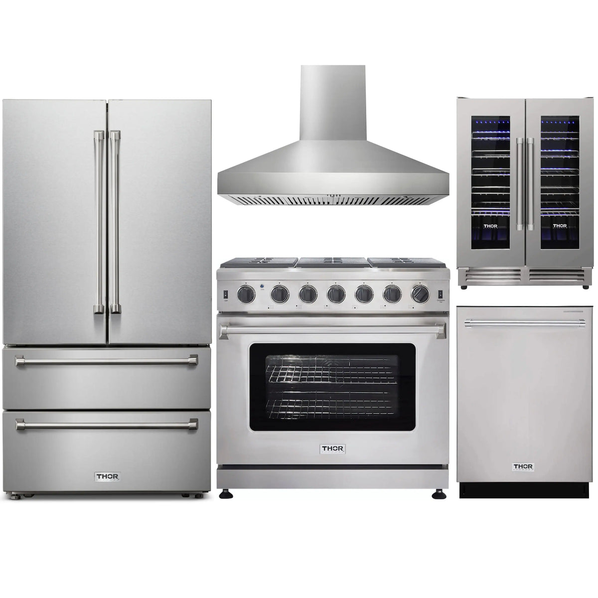 Stainless steel appliance package with gas range, hood, French door fridge, dishwasher, wine cooler