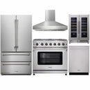 Thor Kitchen 5-Piece Appliance Package - 36-Inch Propane Gas Range, French Door Refrigerator, Wall Mount Hood, Dishwasher, and Wine Cooler in Stainless Steel