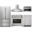 Thor Kitchen 5-Piece Appliance Package - 36-Inch Propane Gas Range, French Door Refrigerator, Pro-Style Wall Mount Hood, Dishwasher, and Microwave Drawer in Stainless Steel