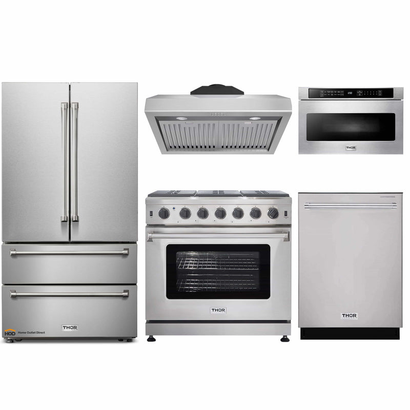 Thor Kitchen 5-Piece Appliance Package - 36-Inch Propane Gas Range, French Door Refrigerator, Under Cabinet Hood, Dishwasher, and Microwave Drawer in Stainless Steel
