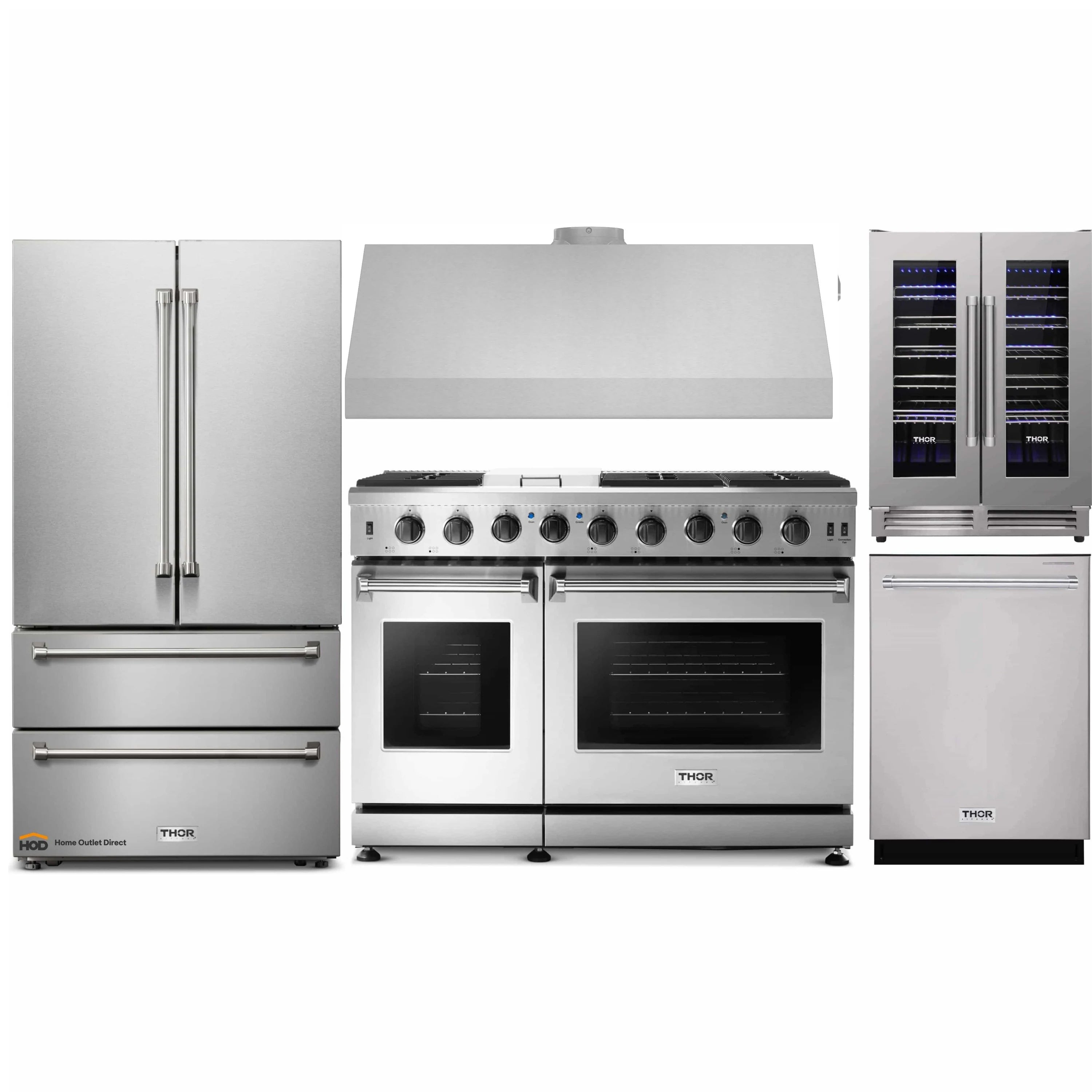 Stainless steel kitchen appliance package showing refrigerator, gas range, and wine cooler