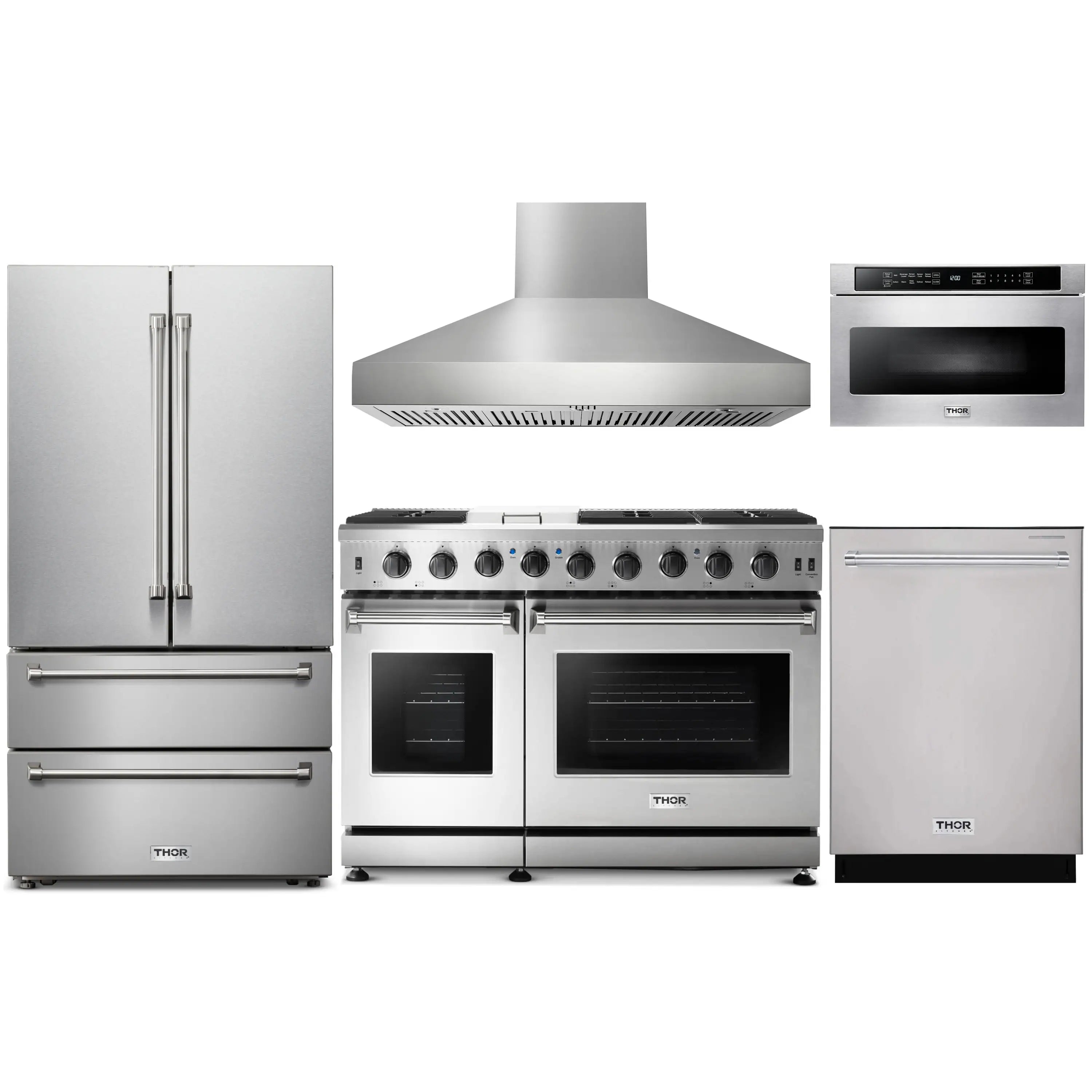 Stainless steel appliance package set: refrigerator, gas range, hood, dishwasher, microwave drawer