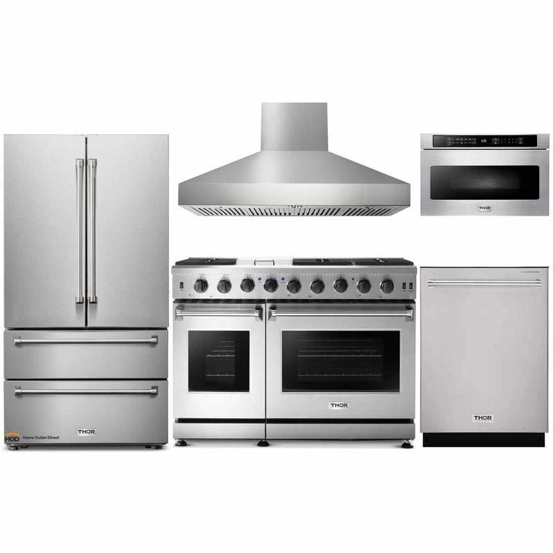 Thor Kitchen 5-Piece Appliance Package - 48-Inch Propane Gas Range, French Door Refrigerator, Pro Wall Mount Hood, Dishwasher, and Microwave Drawer in Stainless Steel