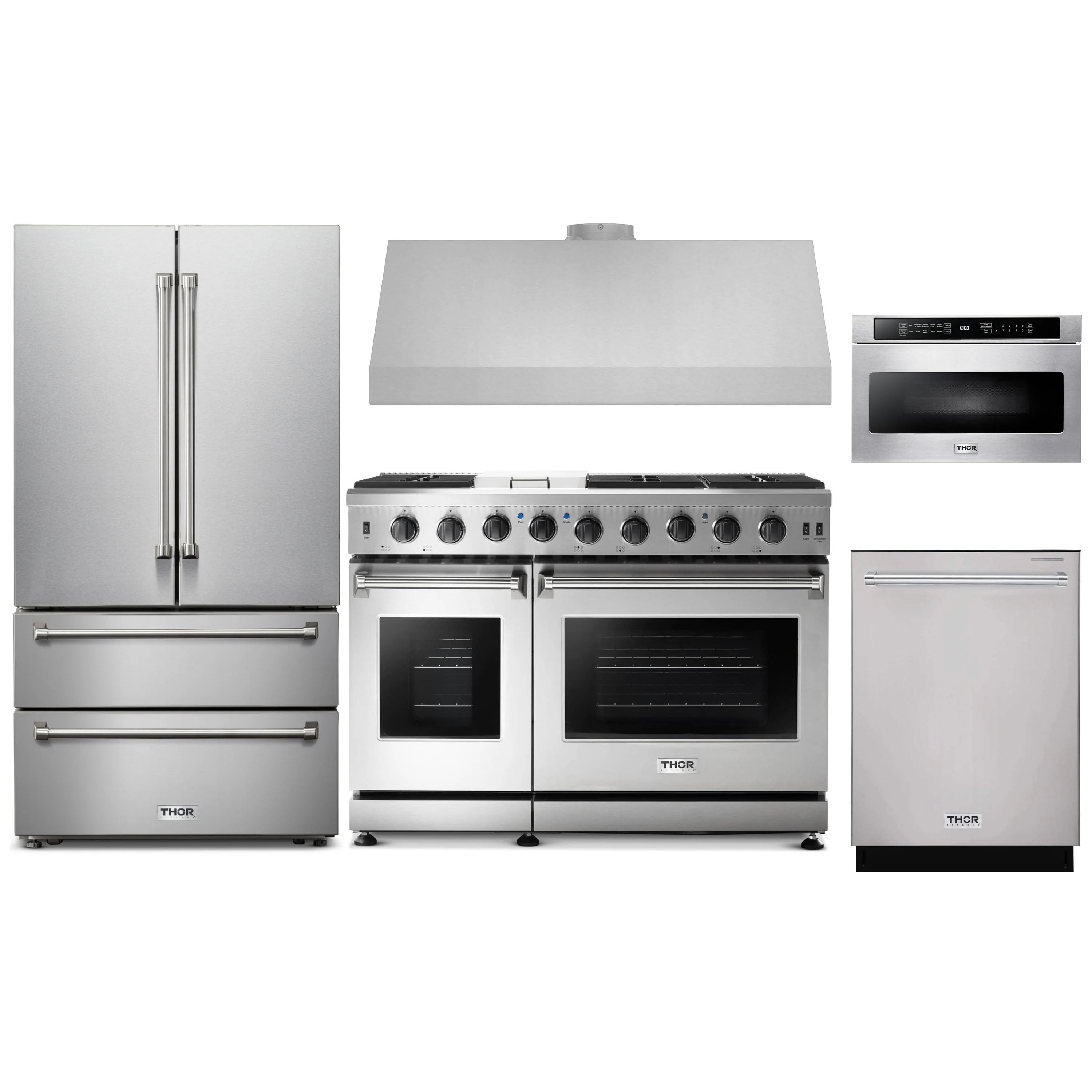 Stainless steel appliance package with refrigerator, gas range, hood, dishwasher, microwave drawer