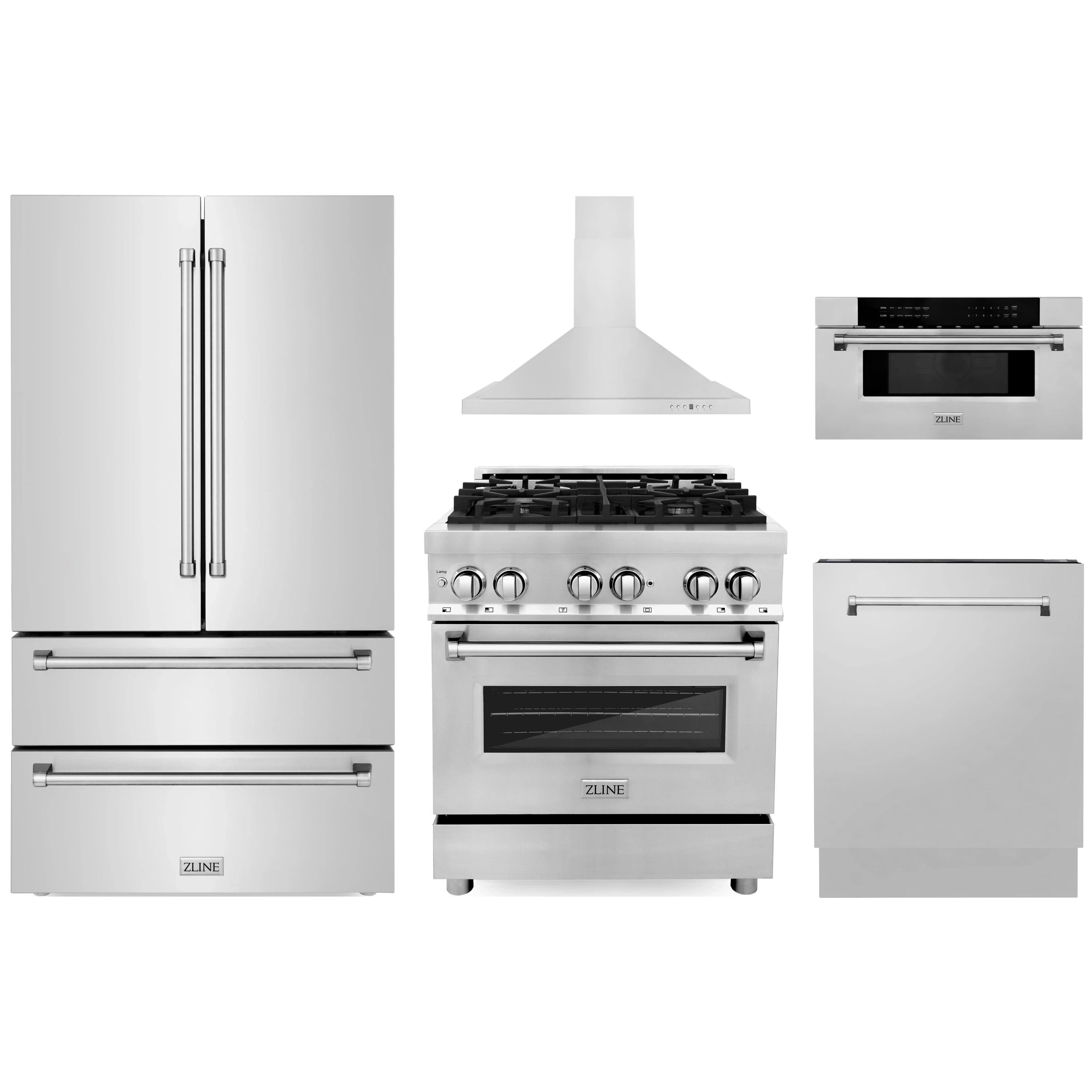 Stainless steel kitchen appliance set with refrigerator, range, hood, and microwave