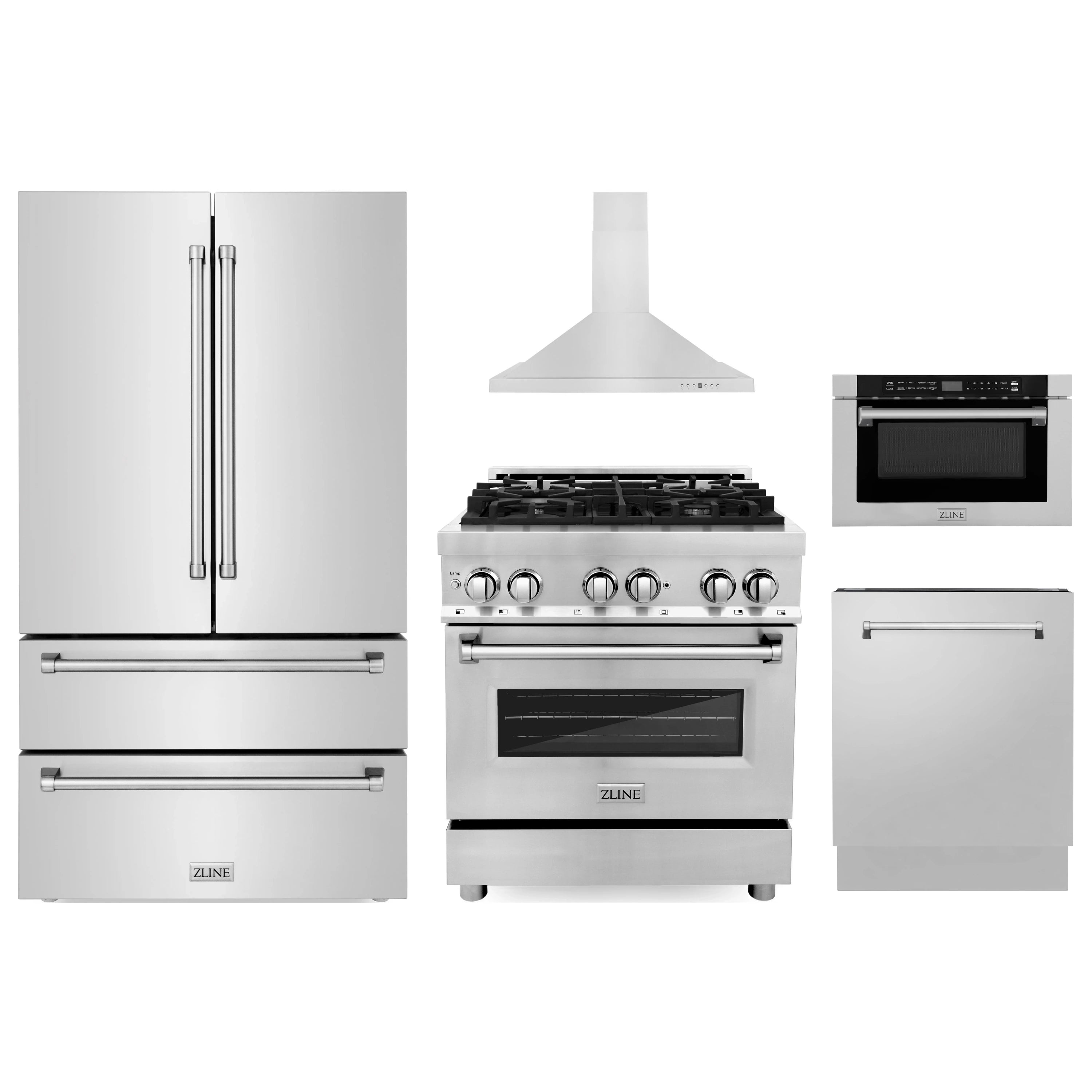 Stainless steel 5-piece appliance set with refrigerator, range, hood, dishwasher, microwave drawer