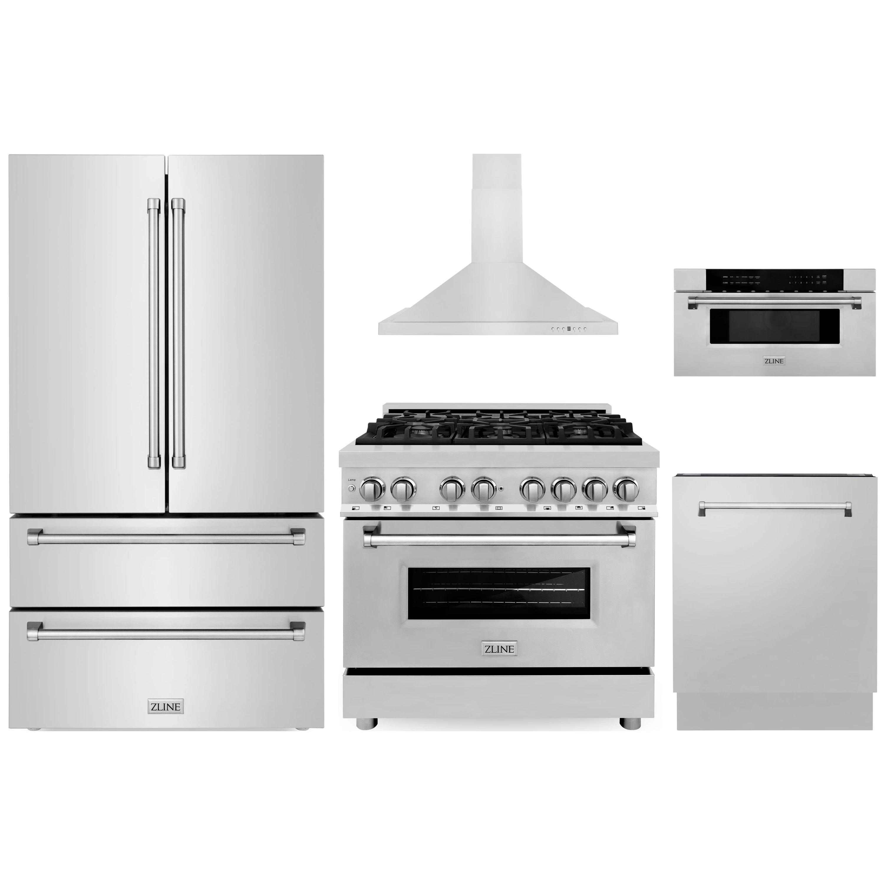 Stainless steel appliance package featuring refrigerator, range, hood, microwave drawer, dishwasher