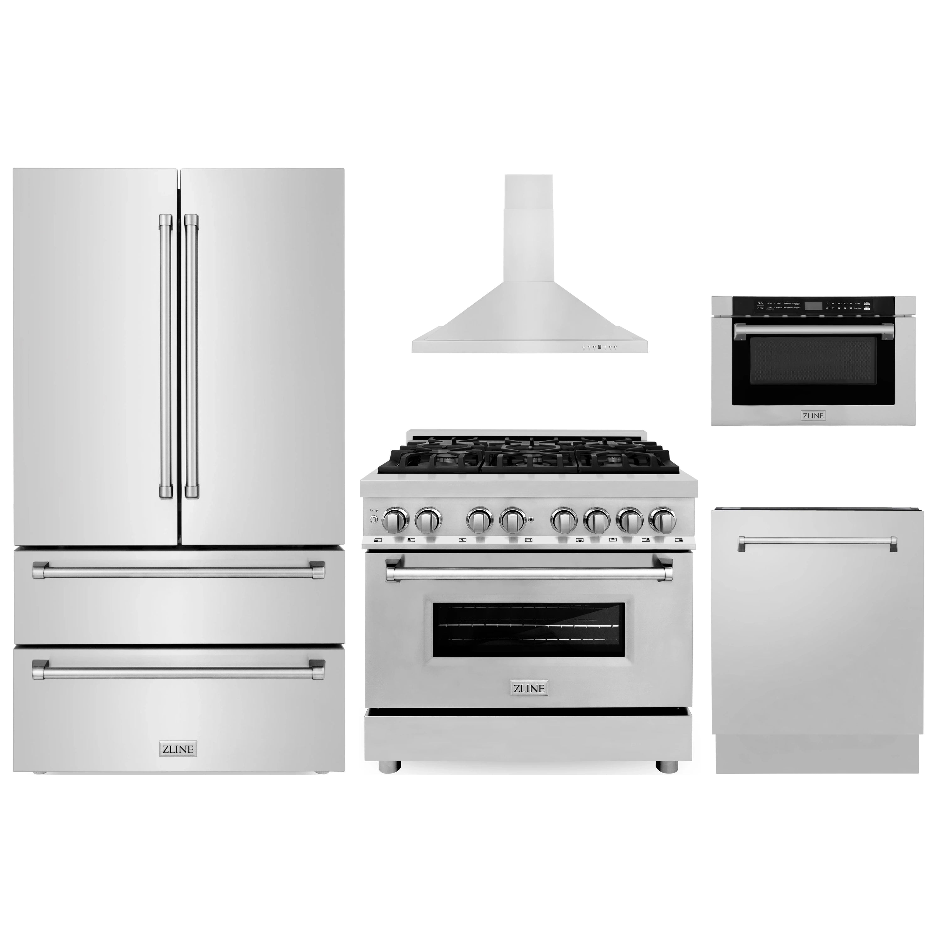 Stainless steel 5-piece appliance package: range, hood, refrigerator, dishwasher, microwave