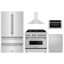 ZLINE 5-Piece Appliance Package - 36-Inch Legacy Dual Fuel Range, Wall Mount Range Hood, 36-Inch French Door Refrigerator, Dishwasher, and 30-Inch Microwave Drawer in Stainless Steel