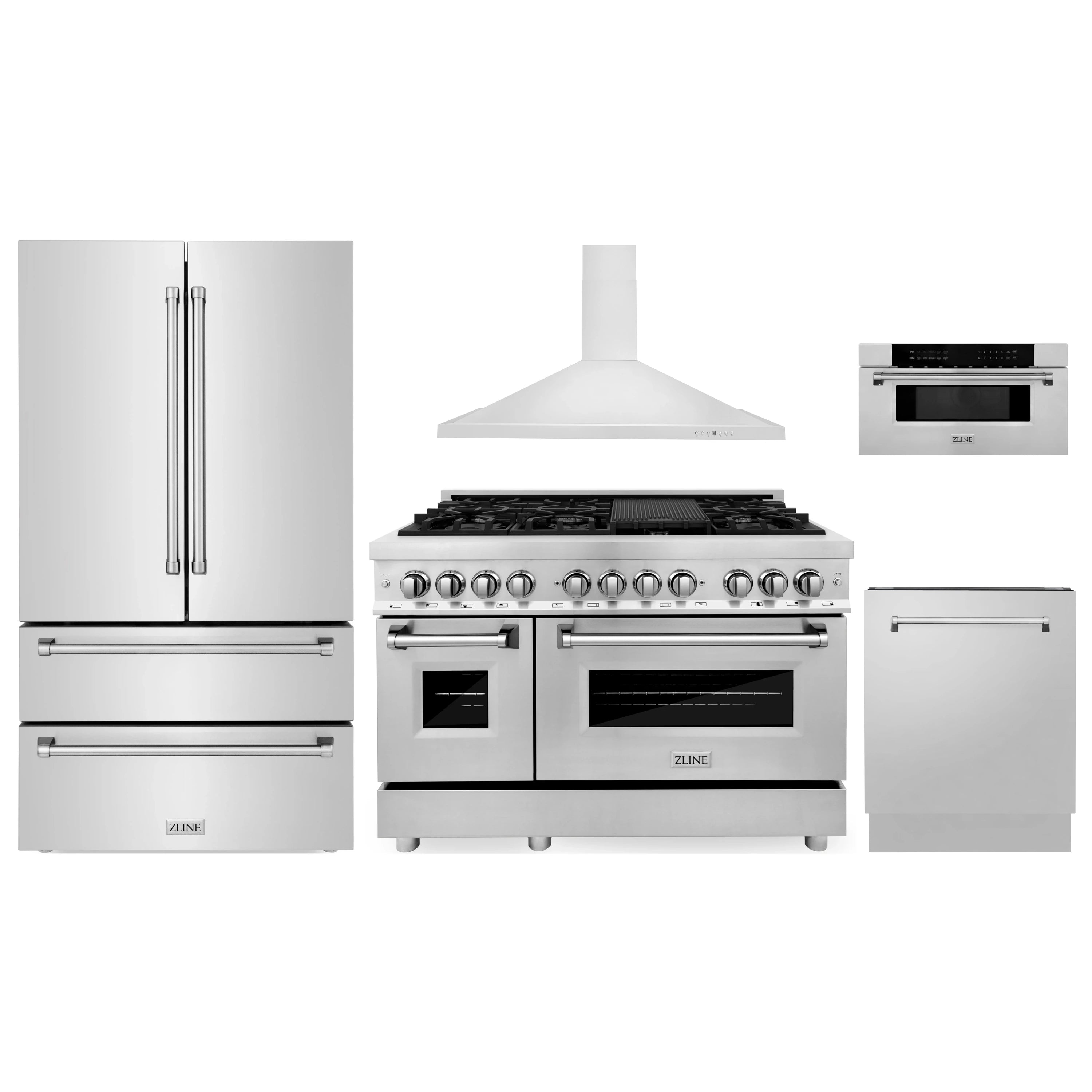 ZLINE stainless steel appliance set: dual fuel range, hood, refrigerator, and microwave