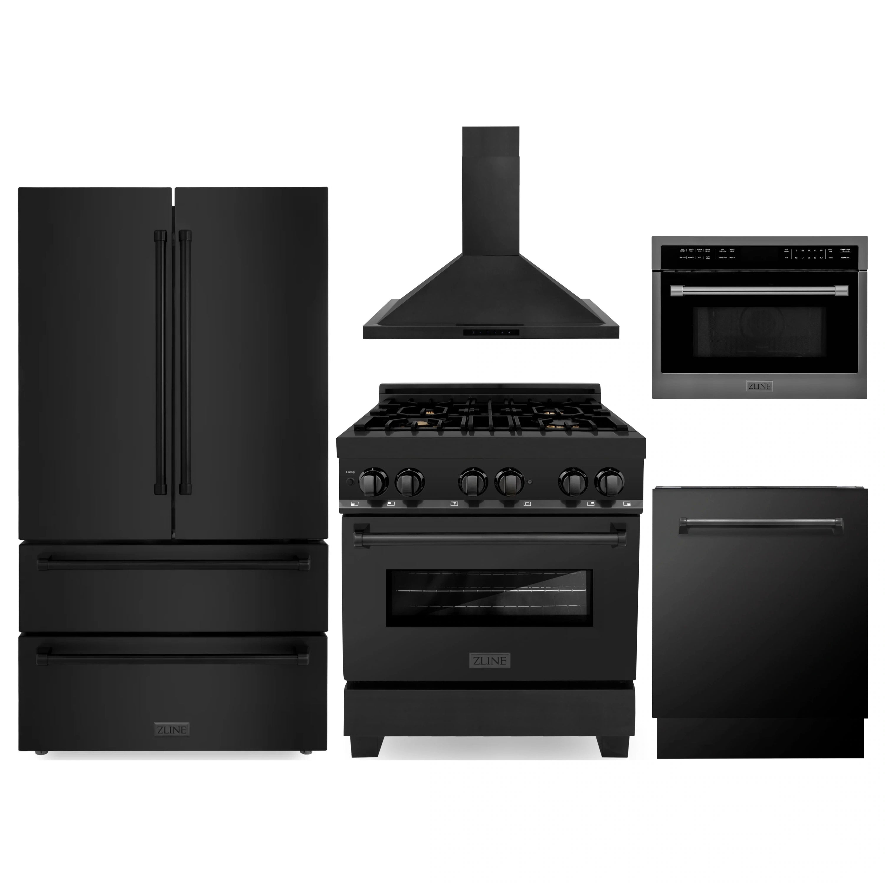 Black stainless steel appliance package: refrigerator, range, hood, microwave, dishwasher