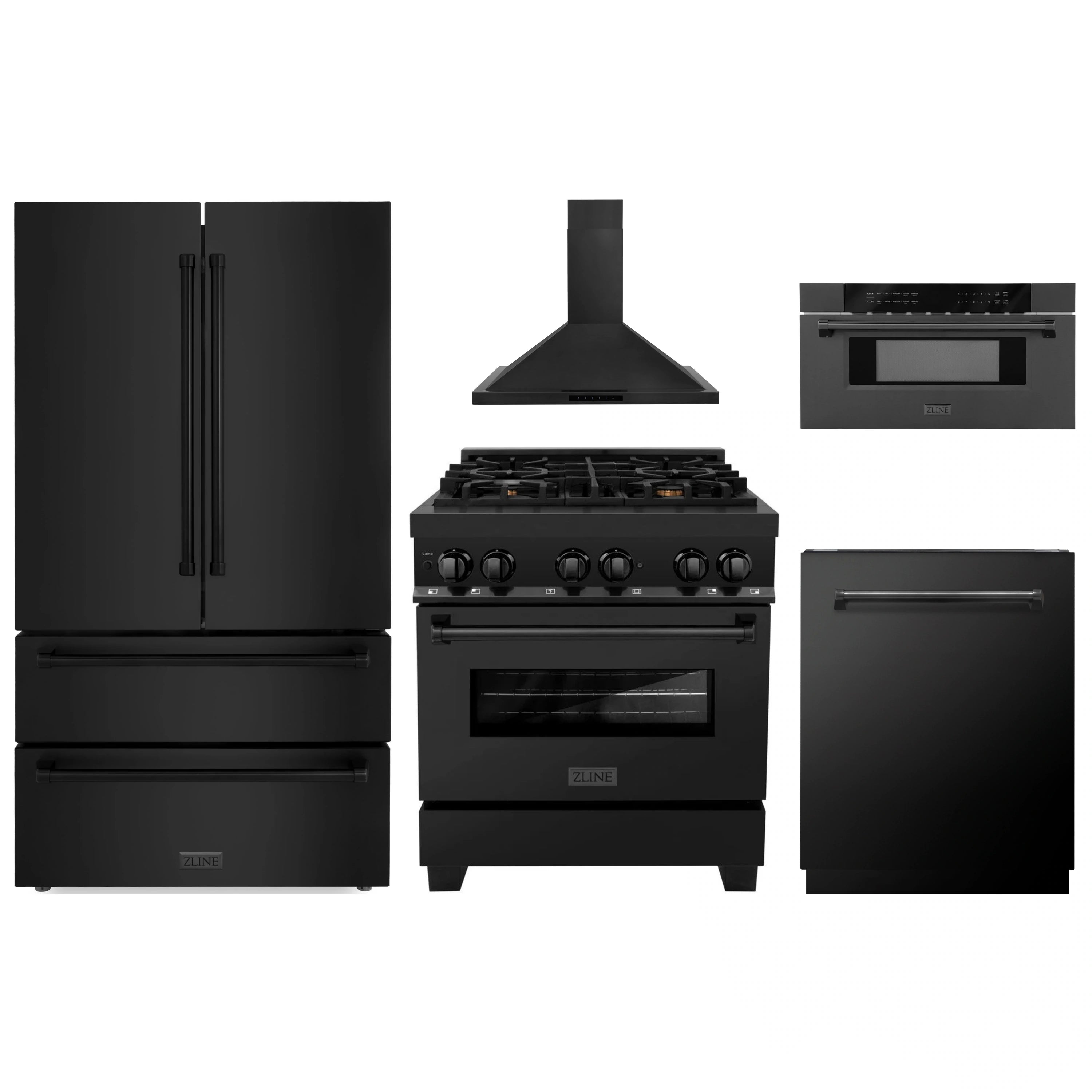 ZLINE black stainless steel 5-piece appliance package with refrigerator, range, hood, microwave