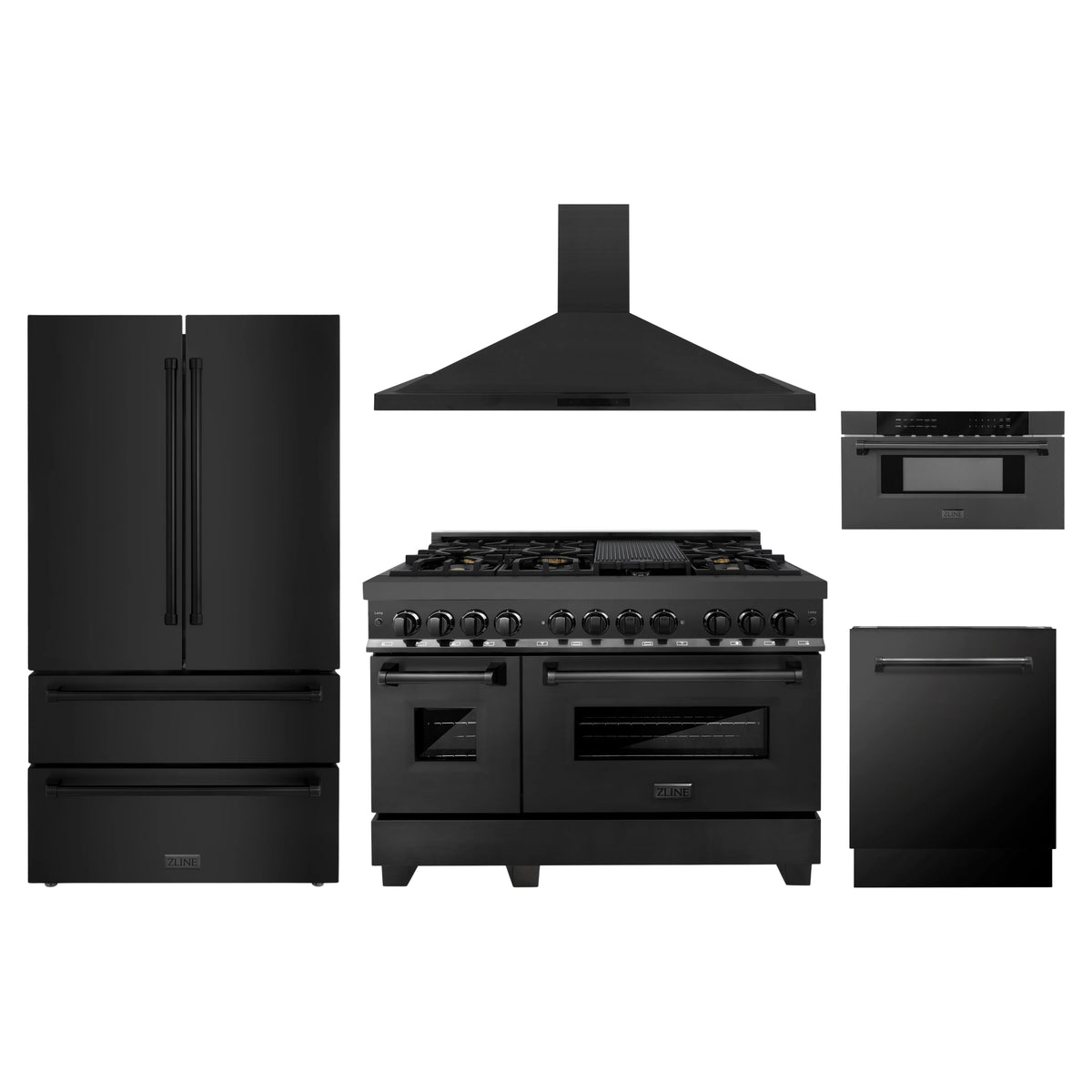 ZLINE 5-Piece Appliance Package - 48-Inch Legacy Dual Fuel Range, Wall Mount Range Hood, 36-Inch French Door Refrigerator, Dishwasher, and 30-Inch Microwave Drawer in Black Stainless Steel