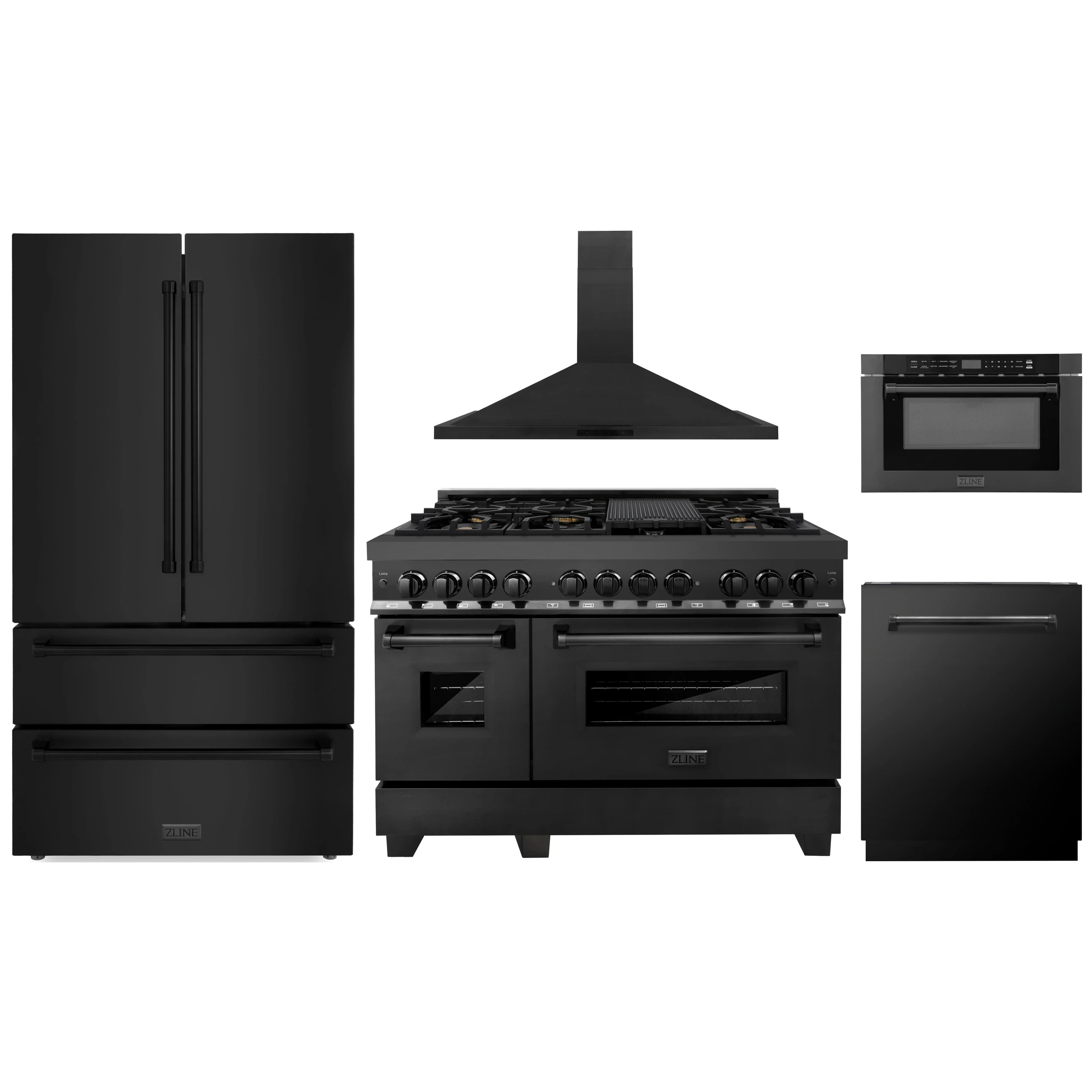 Black stainless steel appliance package with refrigerator, dual-fuel range, and dishwasher