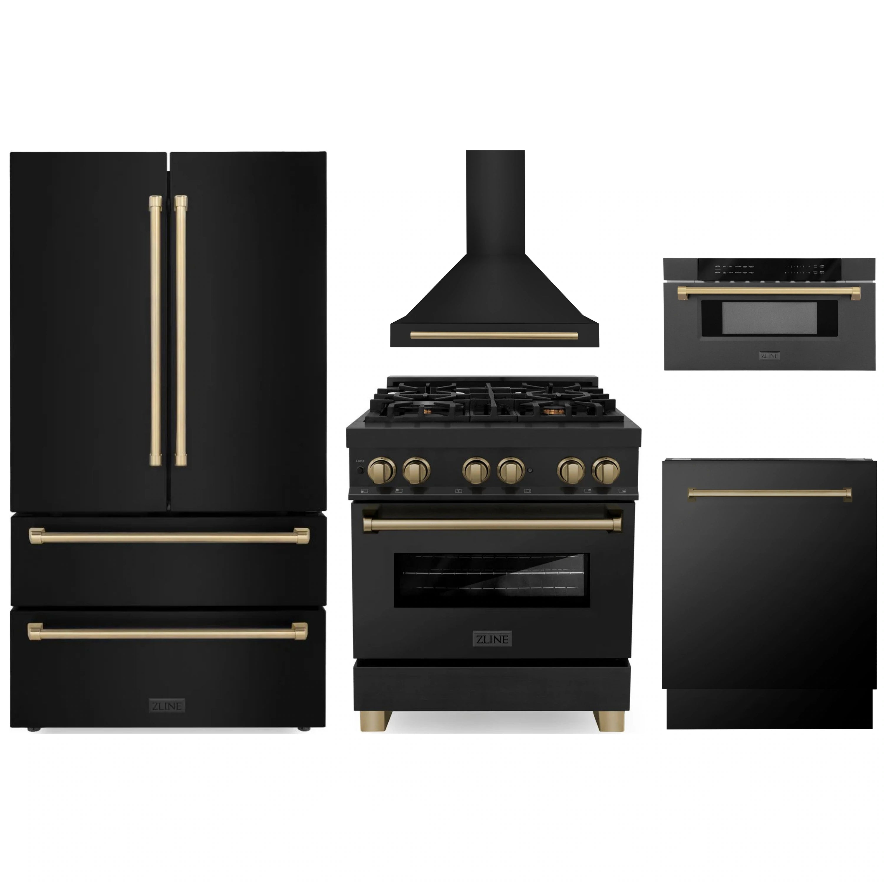 Black 5-piece appliance package with champagne bronze accents: range, hood, fridge, microwave