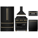 ZLINE 5-Piece Appliance Package - 30-Inch Legacy Dual Fuel Range, Wall Mount Range Hood, 36-Inch French Door Refrigerator, Dishwasher, and 30-Inch Microwave Drawer in Black Stainless Steel with Champagne Bronze Accents