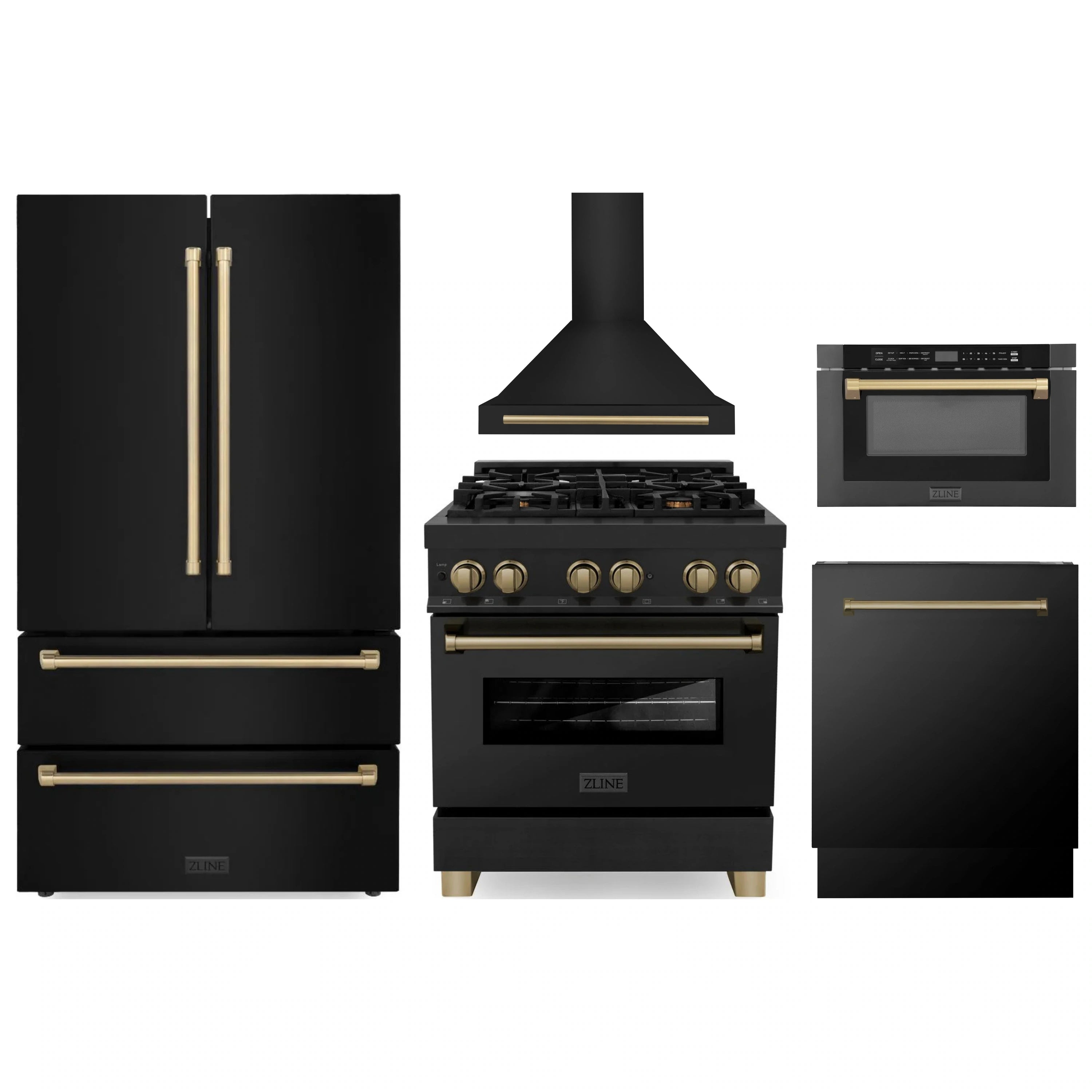 Black stainless appliance package with champagne bronze accents, including range and fridge