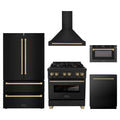 ZLINE 5-Piece Appliance Package - 30-Inch Legacy Dual Fuel Range, Wall Mount Range Hood, 36-Inch French Door Refrigerator, Dishwasher, and 24-Inch Microwave Drawer in Black Stainless Steel with Champagne Bronze Accents