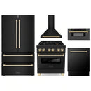 ZLINE 5-Piece Appliance Package - 30-Inch Legacy Dual Fuel Range, Wall Mount Range Hood, 36-Inch French Door Refrigerator, Dishwasher, and 30-Inch Microwave Drawer in Black Stainless Steel with Gold Accents