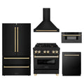 ZLINE 5-Piece Appliance Package - 30-Inch Legacy Dual Fuel Range, Wall Mount Range Hood, 36-Inch French Door Refrigerator, Dishwasher, and 30-Inch Microwave Drawer in Black Stainless Steel with Gold Accents