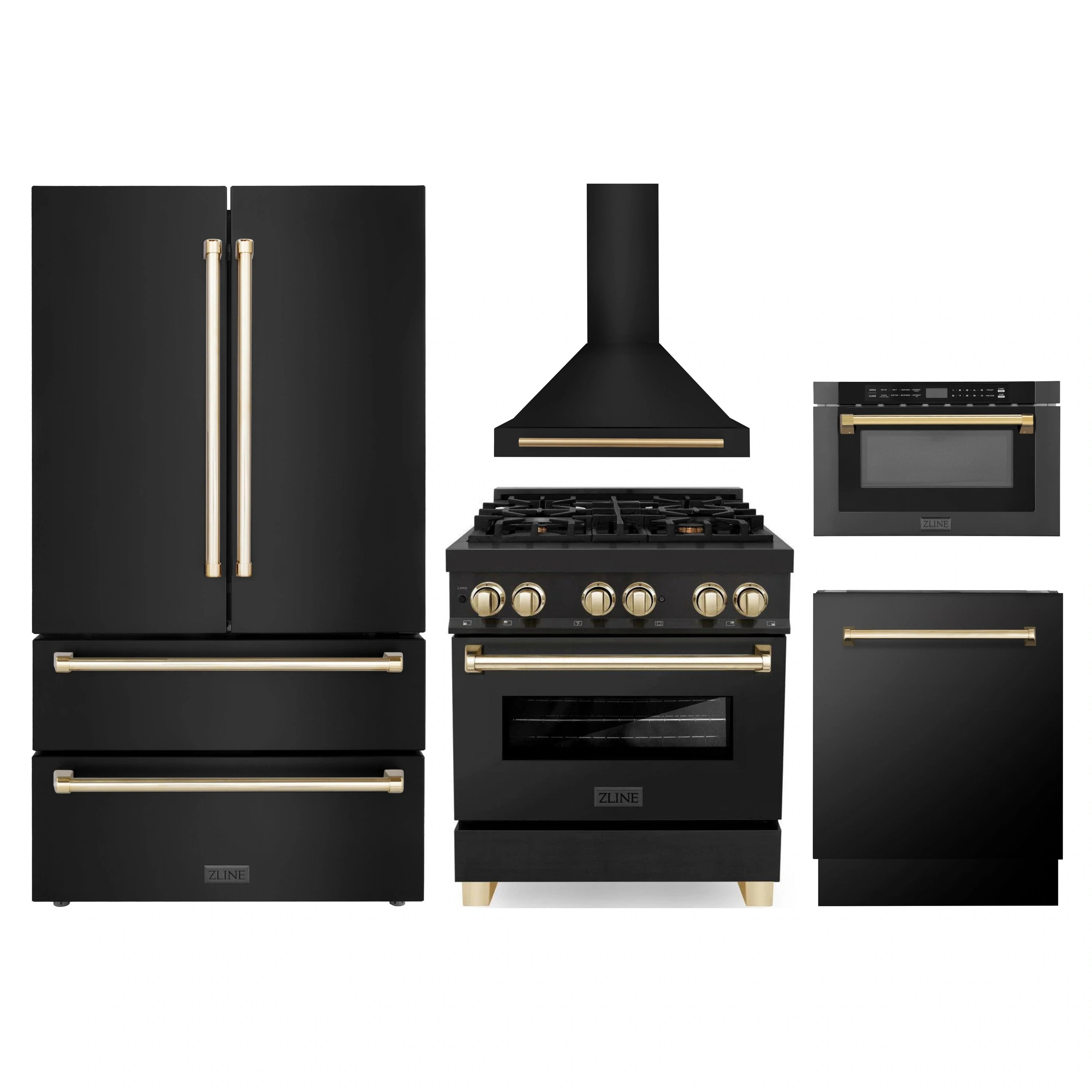 Black stainless appliance package set with gold accents: range, hood, fridge, dishwasher, microwave
