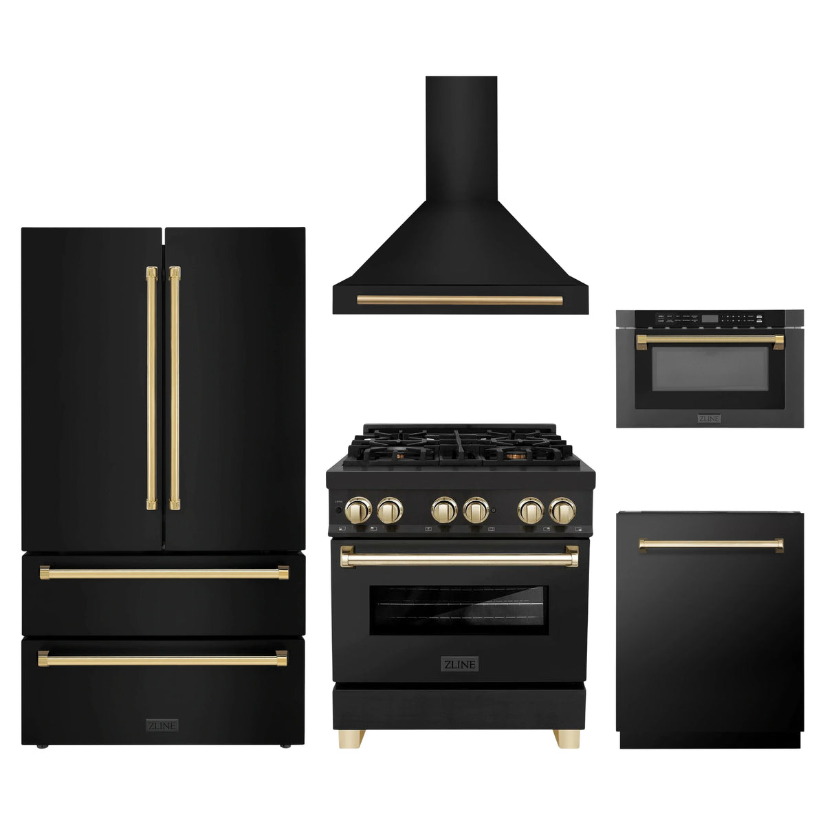 ZLINE 5-Piece Appliance Package - 30-Inch Legacy Dual Fuel Range, Wall Mount Range Hood, 36-Inch French Door Refrigerator, Dishwasher, and 24-Inch Microwave Drawer in Black Stainless Steel with Gold Accents