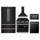 ZLINE 5-Piece Appliance Package - 30-Inch Legacy Dual Fuel Range, Wall Mount Range Hood, 36-Inch French Door Refrigerator, Dishwasher, and 30-Inch Microwave Drawer in Black Stainless Steel with Gold Accents