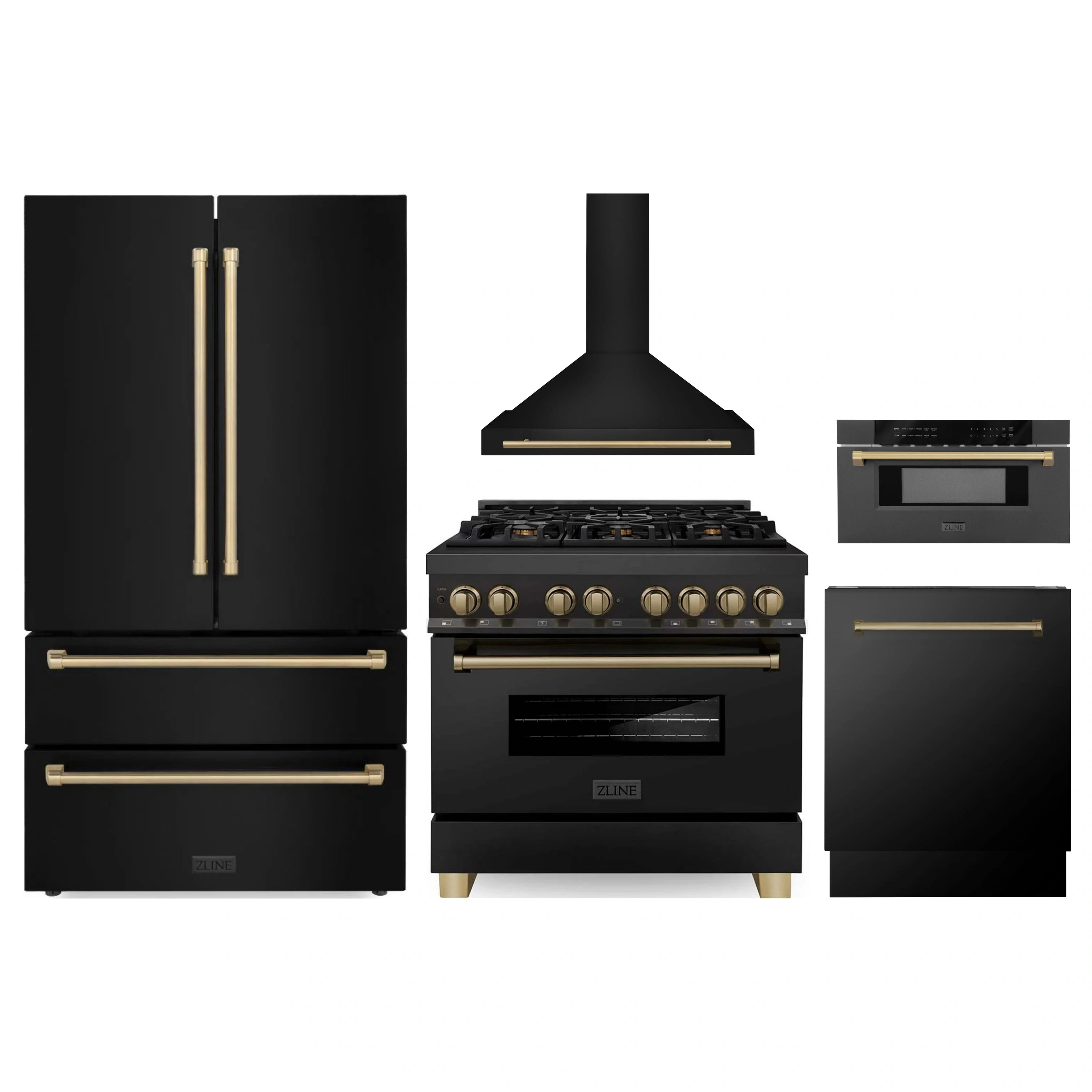 ZLINE black stainless steel appliance set with champagne bronze accents: fridge, range, hood, drawer