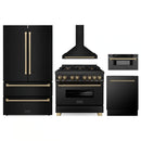 ZLINE 5-Piece Appliance Package - 36-Inch Legacy Dual Fuel Range, Wall Mount Range Hood, 36-Inch French Door Refrigerator, Dishwasher, and 30-Inch Microwave Drawer in Black Stainless Steel with Champagne Bronze Accents